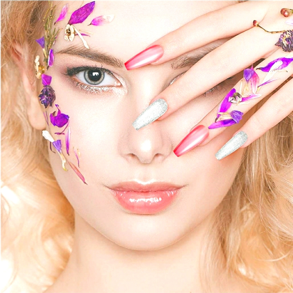 SILVER ACCENTED PINK COFFIN PRESS ON GLUE ON NAI…